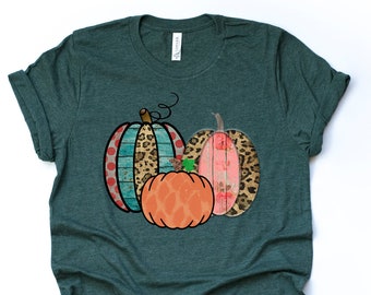 Fall and Pumpkins Tee, Leopard Print Pumpkin, Floral Print Pumpkin Design on premium Bella + Canvas unisex shirt, 3 color choices, plus size