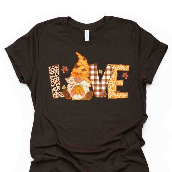 Fall Tee, Cute Fall Gnome, LOVE Fall Gnome, Plaid LOVE Design on premium unisex shirt, 3 color choices, 3x fall, 4x fall, plus sizes