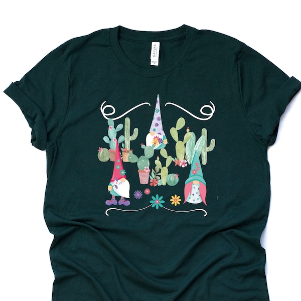 Gnome Shirt, Cute Gnomes in Cactus Garden, Cacti and Gnomes Design, premium unisex shirt, 3 color choices, 2X, 3X, 4X, plus sizes available