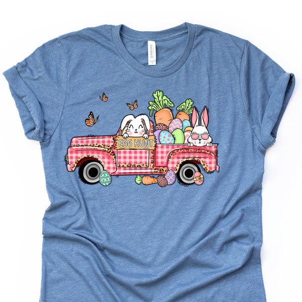 Easter Tee, Cute Pink Plaid Easter Truck with Bunnies, Bunny Design, premium unisex shirt, 5 color choices, 3x Easter, 4x Easter, plus sizes