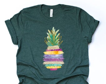 Fun Pineapple Tee, Watercolor Brush Strokes Pineapple with Green Crown Design on premium unisex shirt, 2 color choices, plus sizes available