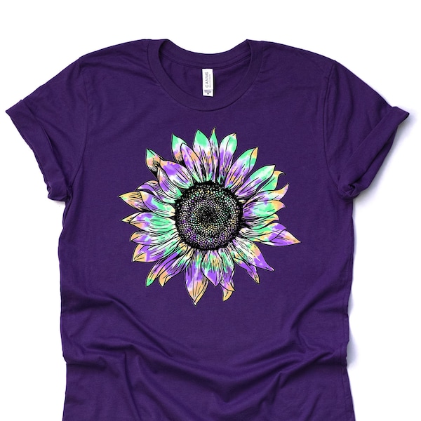 Sunflower Shirt, Purple, Orange and Green Sunflower Design on premium Bella + Canvas unisex shirt, 3 color choices, plus sizes available