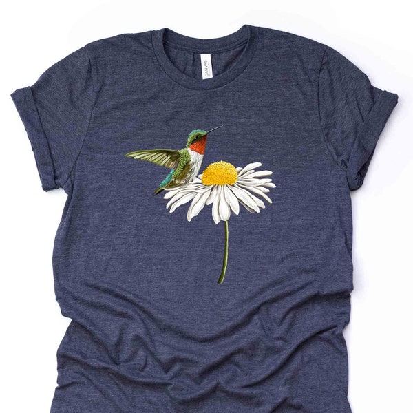 Hummingbird Tee, Beautiful Ruby Red Throated Hummingbird on Daisy Design, premium unisex shirt, 4 color choices, plus sizes available