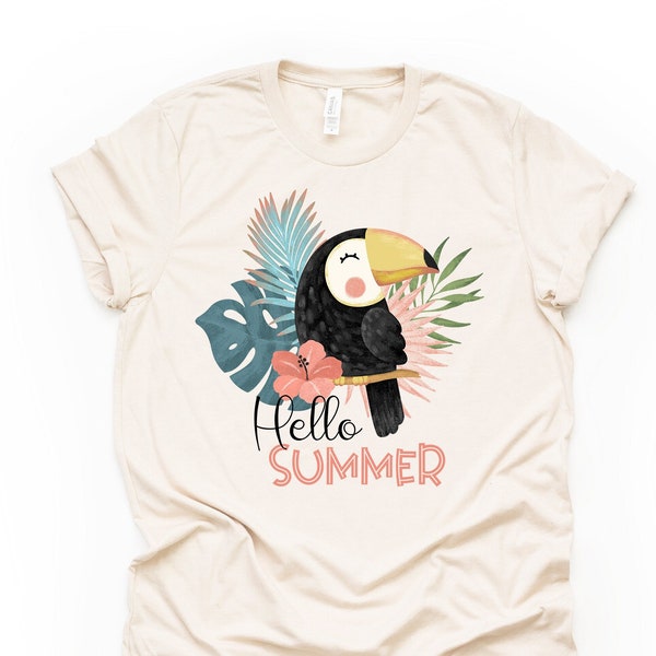 Summer Beach Tee, Fun Toucan with Tropical Leaves, Hello Summer Toucan Design on premium unisex shirt, 3 color choices, 3x beach, 4x beach