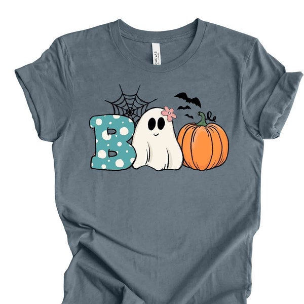 Halloween Shirt, Super Fun BOO with Ghost and Pumpkin Design on premium Bella + Canvas unisex shirt, 3 color choices, 3x Boo, 4x Halloween