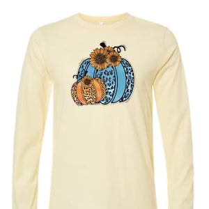 Fall Long Sleeve Tee, Pretty Blue and Orange Pumpkins with Sunflowers Design on premium unisex long sleeve tee, 3x plus size long sleeve