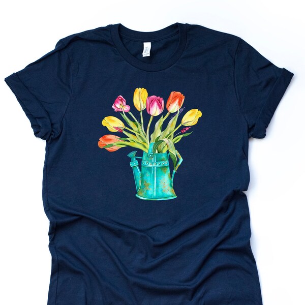 Spring Flowers Tee, Beautiful Spring Tulips in Old Can Design on premium unisex shirt, 3 color choices, 2X, 3X, 4X, plus sizes available