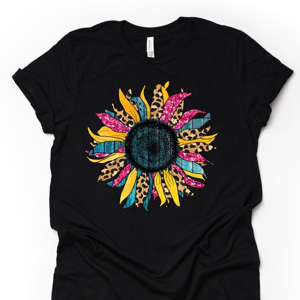 Sunflower Shirt, Super Fun Neon Pink and Leopard Print Sunflower Design on premium unisex shirt, 3 color choices, plus sizes available