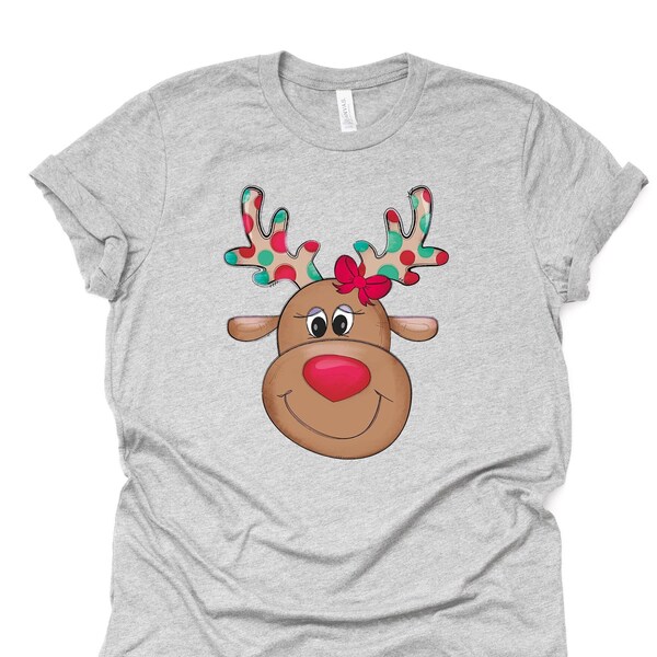 Christmas Tee, Super Cute Red Nose Reindeer with Polka Dot Antlers, Reindeer Design on premium cotton unisex shirt, plus sizes, 2x, 3x, 4x