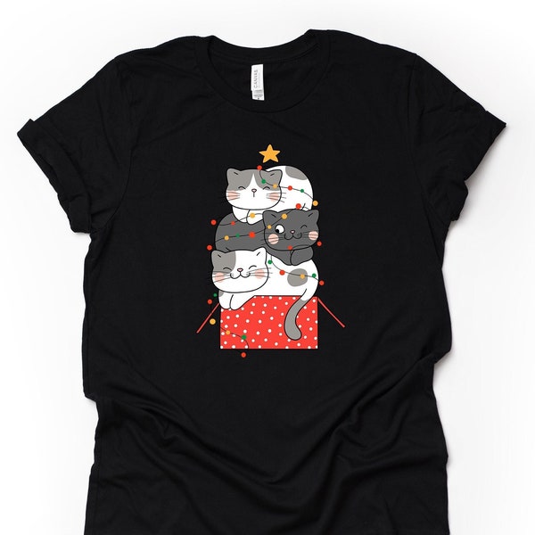 Christmas Tee, Christmas Cats Sitting in a Box, Christmas Box of Cats and Lights Design, premium cotton unisex shirt, plus sizes, 2x, 3x, 4x