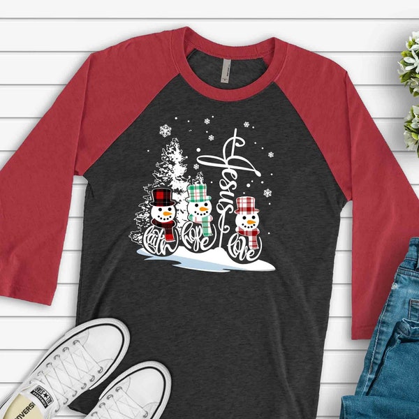 Christmas Raglan, FAITH HOPE LOVE with Jesus Cross and Snowmen, Christian Design on premium Raglan 3/4 sleeve shirt, plus size, 2X, 3X