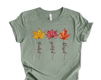 Fall Tee, Thankful Grateful Blessed, Fall Leaves with Stems design, premium unisex shirt, 3 color choices, 3x Fall, 4x Fall, Plus Sizes