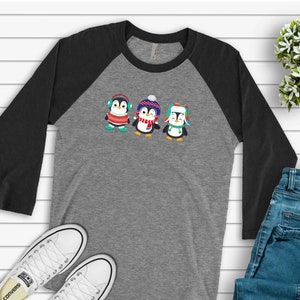 Christmas Raglan, Three Super Cute Penguins, Wintertime Penguins Design on premium Raglan 3/4 sleeve shirt, plus size, 2X, 3X