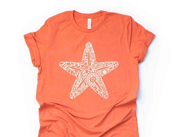 Beach Tee, Cute Starfish Mandala, Starfish Zentangle Design, premium unisex shirt, 3 color choices, 3x beach, 4x beach, plus sizes available