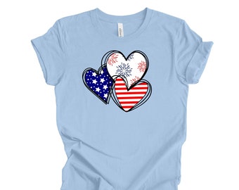 Patriotic Tee, 3 Patriotic Hearts with Stripes and Fireworks Design on premium unisex shirt, 3 color choices, 3x Patriotic, 4x Patriotic