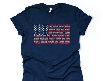 Patriotic Tee, US Map with State Names, Together Design on premium Bella + Canvas unisex shirt, 3 color choices, plus sizes available