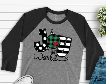 Plaid Ornament Christmas Raglan: JOY to the World 3/4 Sleeve Shirt