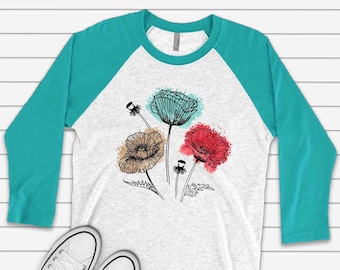 Floral Raglan, Simple Line Flowers with Watercolor Design, premium Raglan 3/4 sleeve shirt, plus size, 2x flowers raglan, 3x flowers raglan