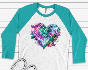 Valentine's Day Raglan, Beautiful Watercolor Plaid Heart, Bright Colors Heart Design on premium Raglan 3/4 sleeve shirt, plus size, 2X, 3X