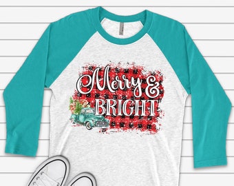 Christmas Raglan: Merry Bright Old Blue Truck Buffalo Plaid