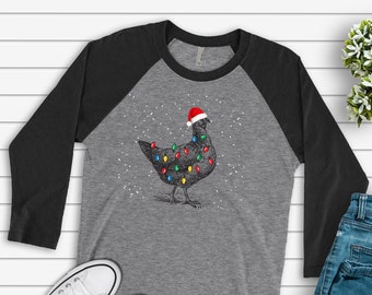 Christmas Chicken Raglan, Cute Chicken in Santa Hat with Christmas Lights Design on premium Raglan 3/4 sleeve shirt, plus size, 2X, 3X