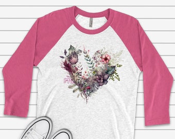 Flowers Raglan, Pretty Watercolor Flowers in Heart, Beautiful Floral Heart Design on premium Raglan 3/4 sleeve shirt, plus size, 2X, 3X