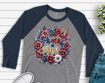 Patriotic Raglan, Oh My Stars, Patriotic Wreath with Flag, July 4th Design, premium Raglan 3/4 sleeve shirt, plus size, 2x raglan, 3x raglan