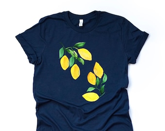 Lemon Tee, Super Fun Lemons, Lemons on Stems Design on premium unisex shirt, 3 color choices, 2X, 3X, 4X, plus sizes available