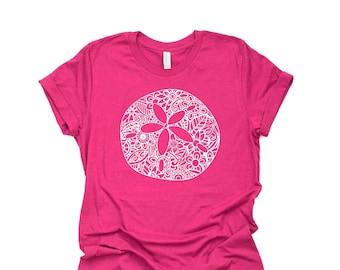 Beach Tee, Sand Dollar Mandala, Sand Dollar Zentangle Design, premium unisex shirt, 3 color choices, 3x beach, 4x beach, plus sizes