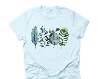 Teal and Green Leaves Tee, Unique Leaves in a Row Design on premium Bella + Canvas unisex shirt, 4 color choices, plus sizes available