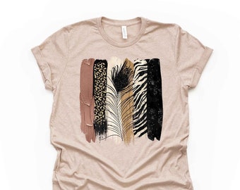 Unique Safari Brush Strokes with Black Feather, Animal Print Design on premium unisex shirt, 3 color choices, 3x boho , 4x boho, plus sizes