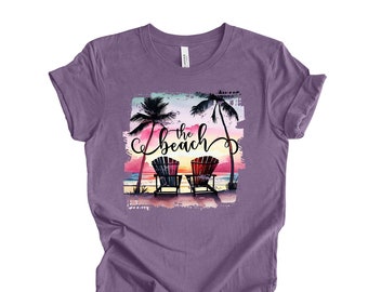 Beach Vacation Tee, Beautiful Watercolor Beach Sunset with Chairs Design, premium unisex shirt, 3 color choices, 3x Beach, 4x Beach