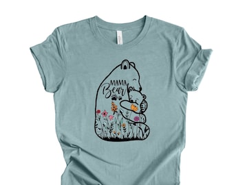 Mom Shirt, Cute Mama Bear and Baby with Wildflowers, Mama Bear Design on premium unisex shirt, 3 color choices, 3x mama, 4x mama, plus sizes