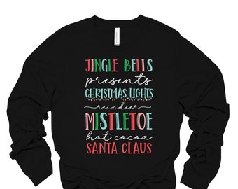 Camiseta navideña de manga larga con diseño de Papá Noel, luces y cacao.