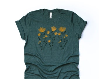 Yellow Flowers and Stems, Cute Boho Yellow Flowers Design on premium Bella + Canvas unisex shirt, 3 color choices, plus sizes available