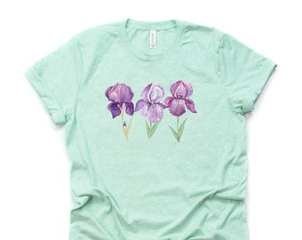 Summer Iris Flowers, Beautiful Purple Iris Flowers Design on premium Bella + Canvas unisex shirt, 3 color choices, plus sizes available