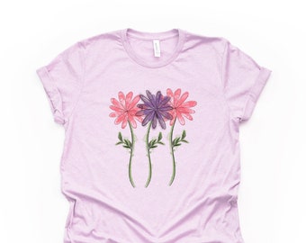 Spring Flowers Tee, Cute Watercolor Pink and Purple Flowers Design, premium unisex shirt, 3 color choices, plus sizes available