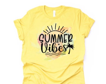 Watercolor Background Summer Vibes, Summer Palm Tree Design on premium unisex shirt, 3 color choices, 3x, 4x, plus sizes available