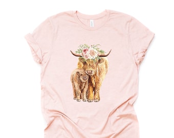 Watercolor Highland Cow & Baby Bella Canvas T-Shirt