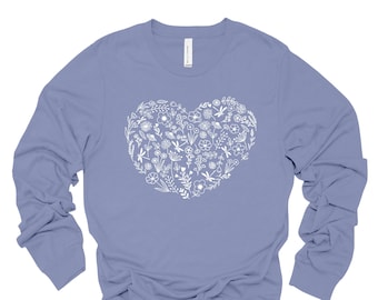 Floral Heart Long Sleeve Tee - Unisex Cotton Blend