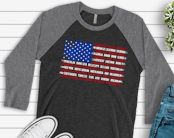 USA Flag Raglan Shirt: Patriotic US State Names Design