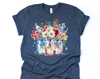 Patriotic Floral Jars Tee - Red White Blue Flowers Bella + Canvas Shirt