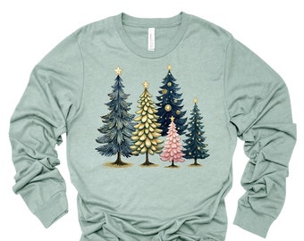 Watercolor Christmas Trees Long Sleeve Tee - Pink Tree Design