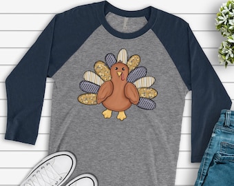 Fall & Thanksgiving Raglan, Cute Thanksgiving Turkey, Patterned Turkey Design on premium Raglan 3/4 sleeve shirt, plus size, 2X, 3X