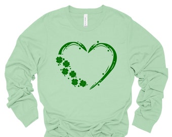 St Patrick's Day Heart Shamrock Long Sleeve Tee