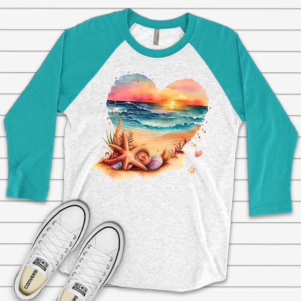 Beach Raglan, Beautiful Beach Scene on Raglan, Love Beach Sunset with Shells Design on premium Raglan 3/4 sleeve shirt, plus size, 2X, 3X