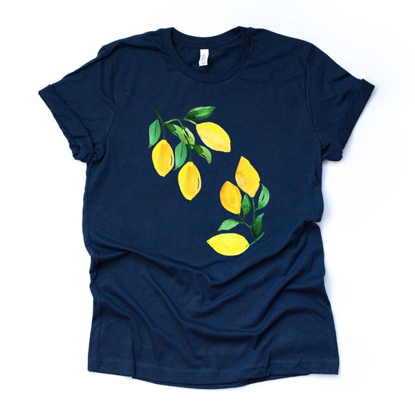 Lemon Tee, Super Fun Lemons, Lemons on Stems Design on premium unisex shirt, 3 color choices, 2X, 3X, 4X, plus sizes available