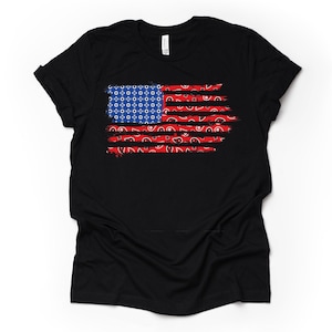 Patriotic Tee, Super Fun American Flag Bandana Design on premium Bella + Canvas unisex shirt, 3 color choices, plus sizes available