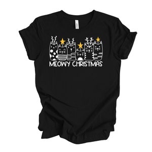 Christmas Tee, Meowy Christmas, Cute Christmas Cats, Cats in a Row Design on premium unisex shirt, 5 color choices, 3x, 4x christmas
