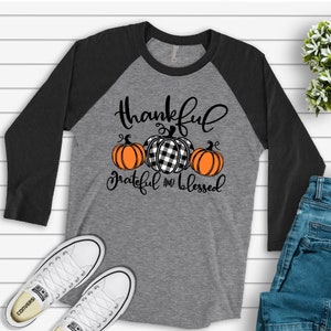 May include: A gray and black baseball tee shirt with a design of three pumpkins. The pumpkins are orange, black and white checkered, and orange. The text "thankful grateful and blessed" is written below the pumpkins.
